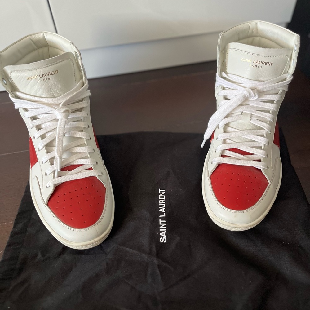 Saint Laurent Men's Red White High Top Sneakers.